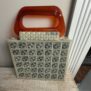 Vintage Cream and Gray Tote with Lucite Handles